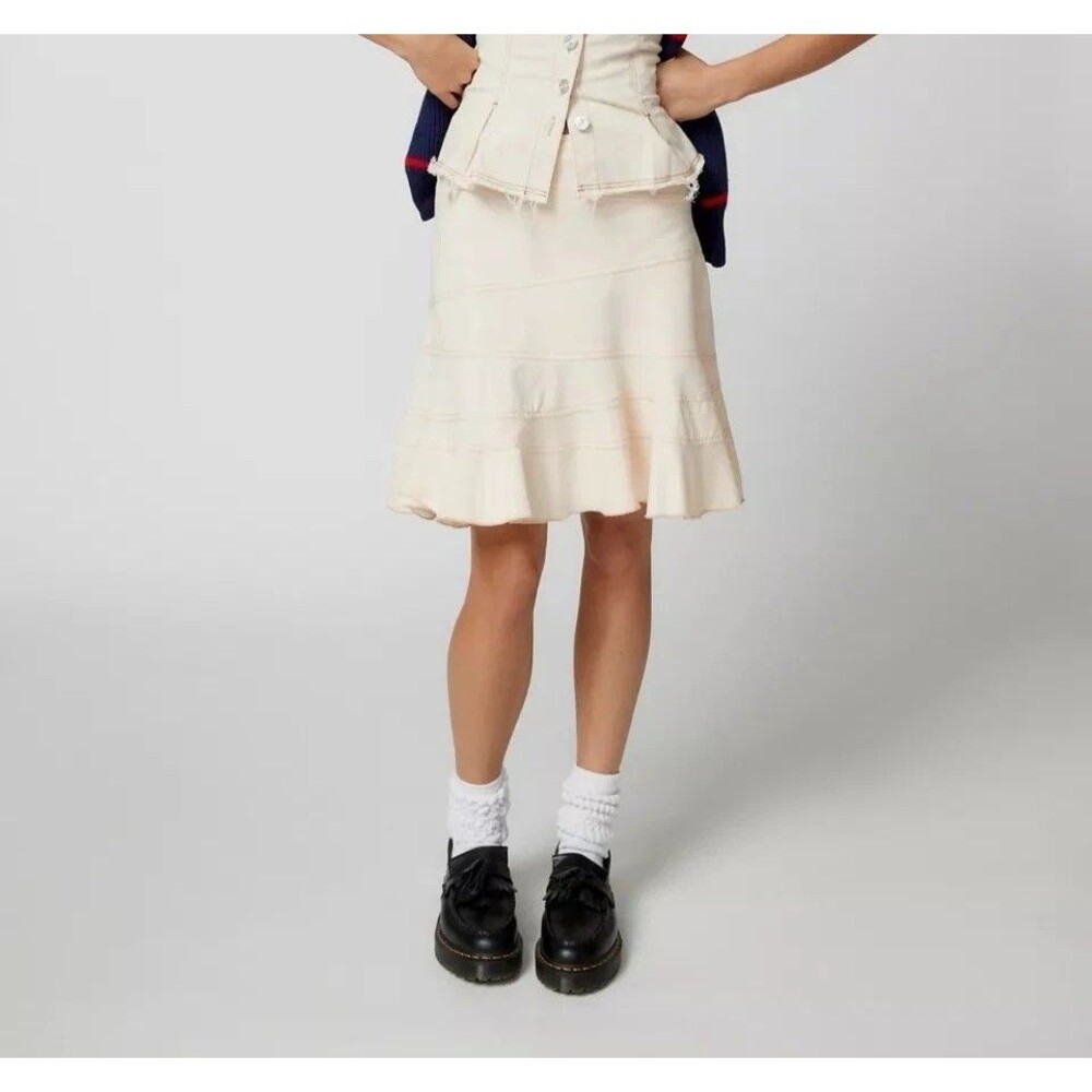 Urban Outfitters Millie Fluted Denim Mini Skirt Low-Rise Cream Cotton XS 287925